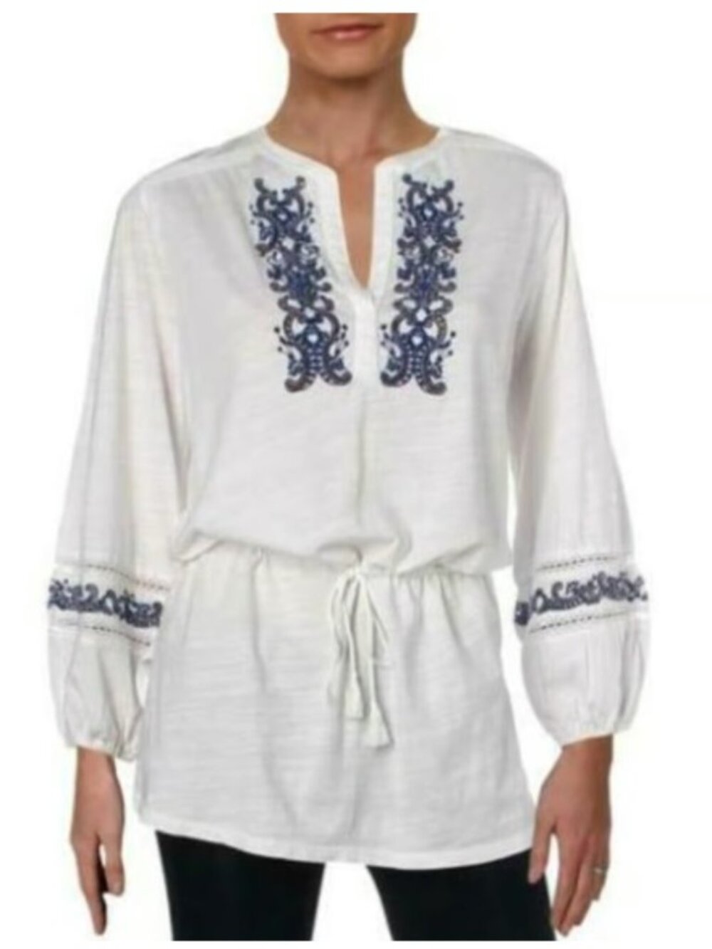 Lauren Ralph Lauren White and Blue Embroidered Tunic Top XL